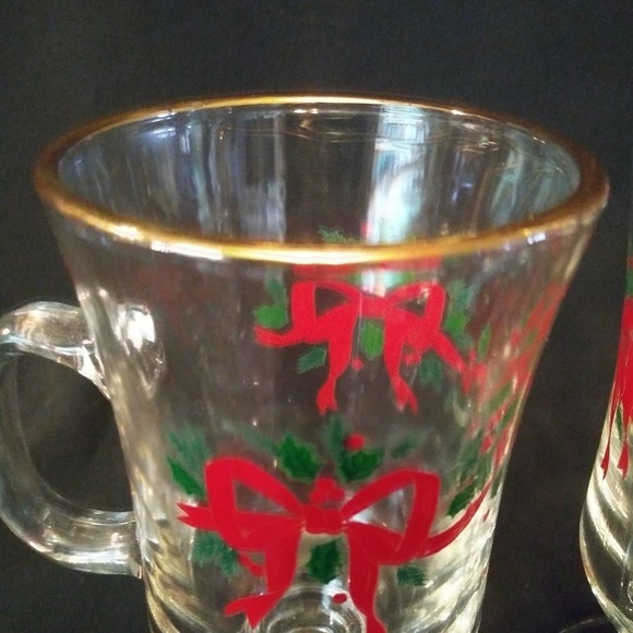 2 Vintage Libbey Clear Glass Pedestal Christmas Bow Irish Coffee Mugs Gold Trim - Picture 2 of 11